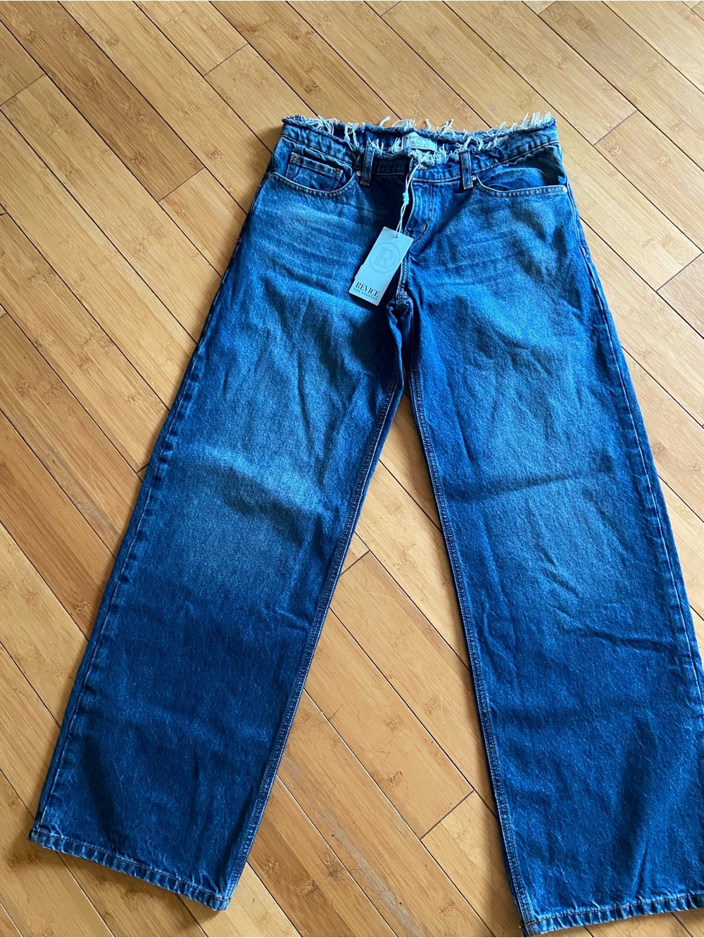 REVICE Women's Blue Relaxed Wide-Leg Jeans with Frayed Waist